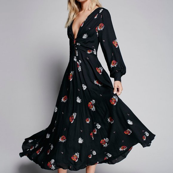Free People Small Brixton Maxi Dress BLACK Retro Butterfly Vintage - Picture 1 of 10